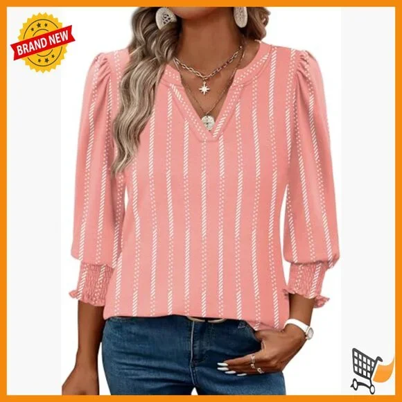 Women's 3/4 Sleeve V-Neck Blouse with Smocked Cuffs, Dressy Casual Top - Picture 2 of 7